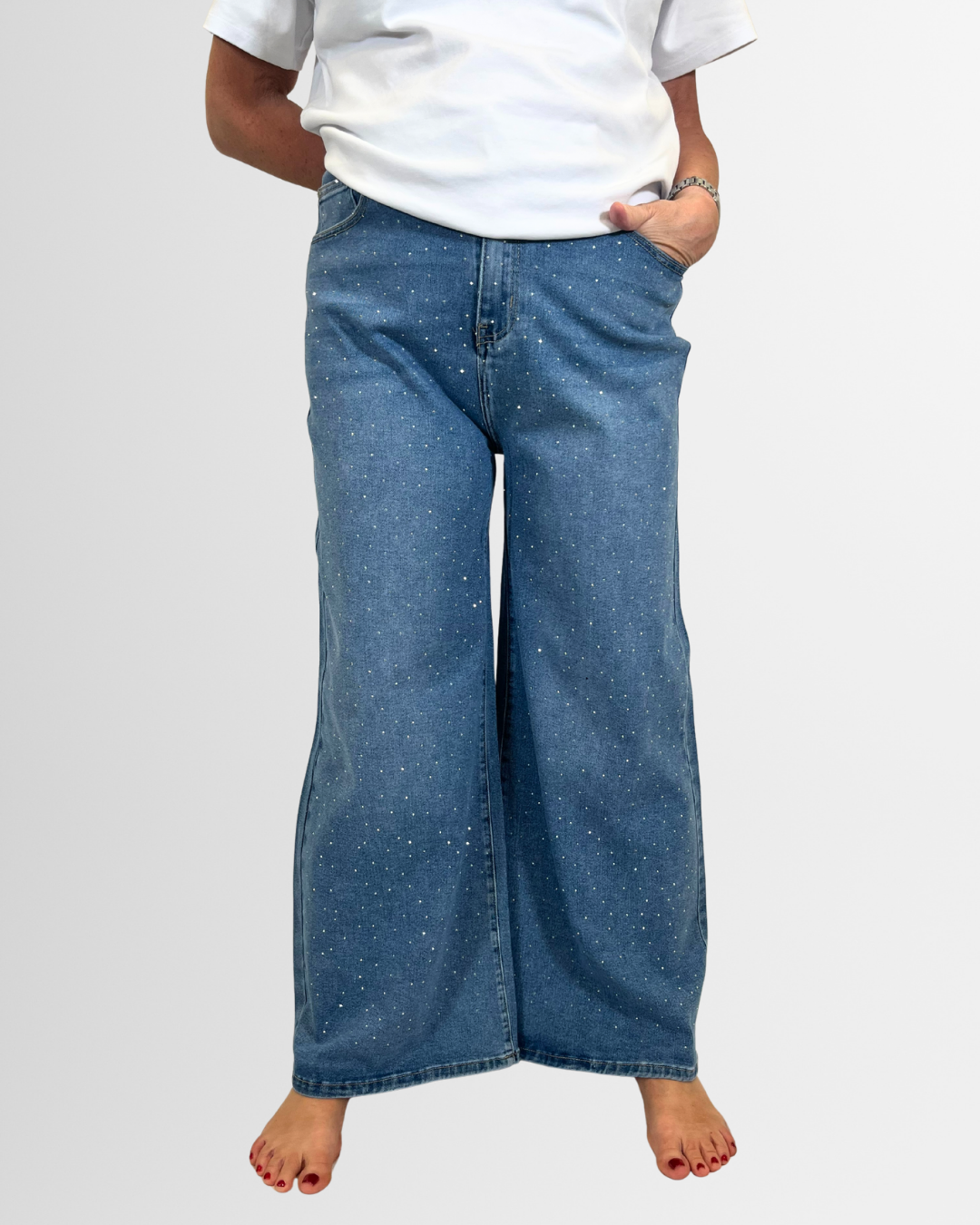 Jeans strass gamba larga