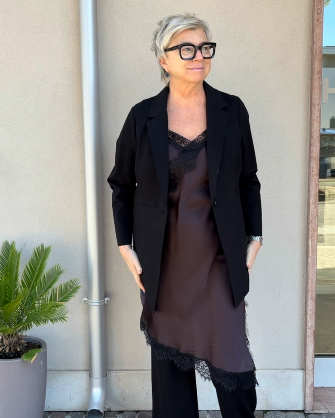 Top in raso con pizzo - marrone