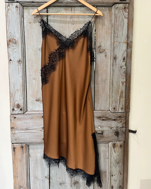 Top in raso con pizzo - tabacco